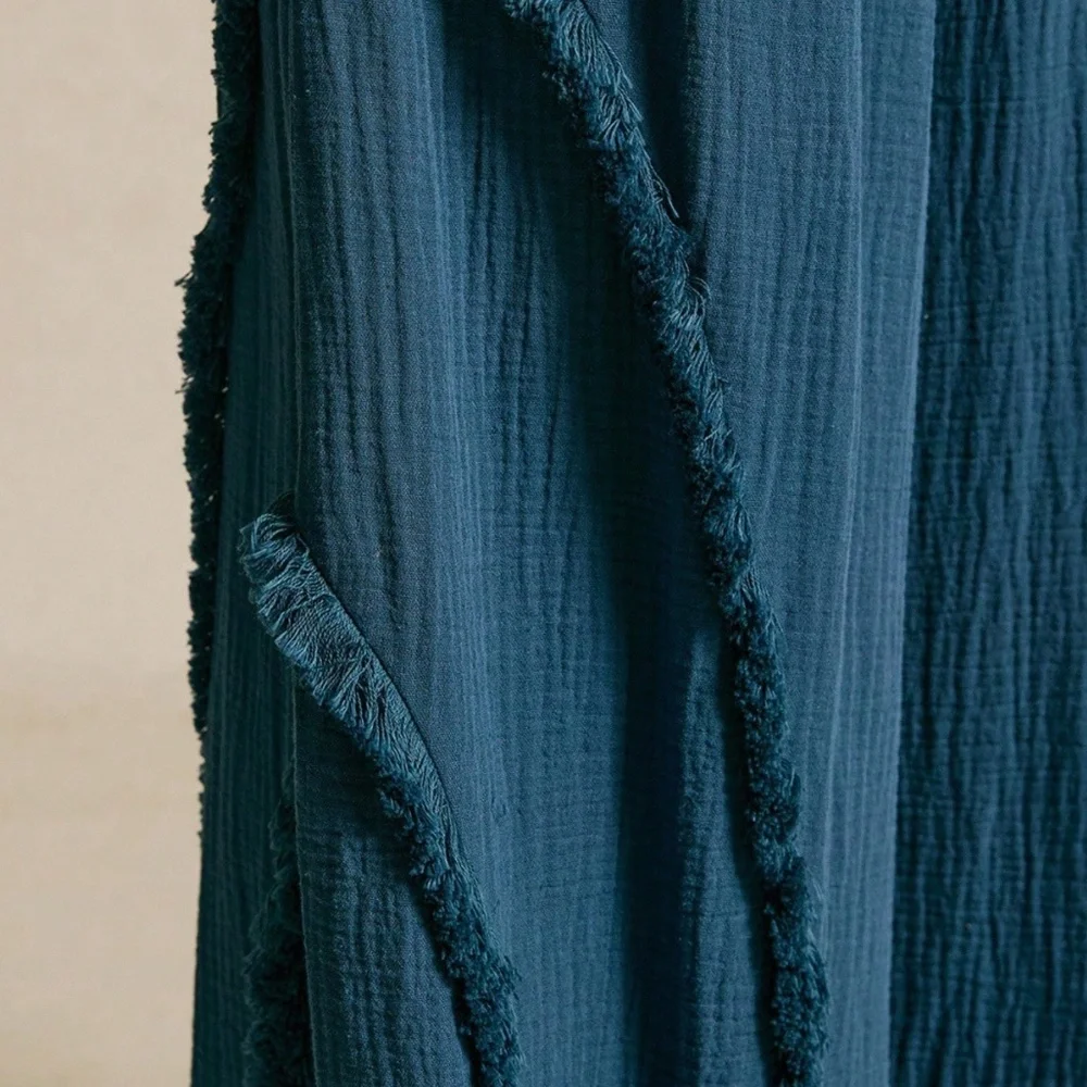 Solid Blue Frayed Detail Stretchy Waist Wide leg Pants